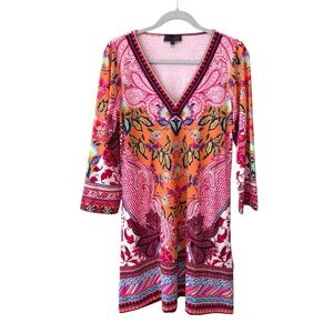 Hale Bob Floral Boho Mini Dress XS V-Neck Jersey Resort Vacation Chic